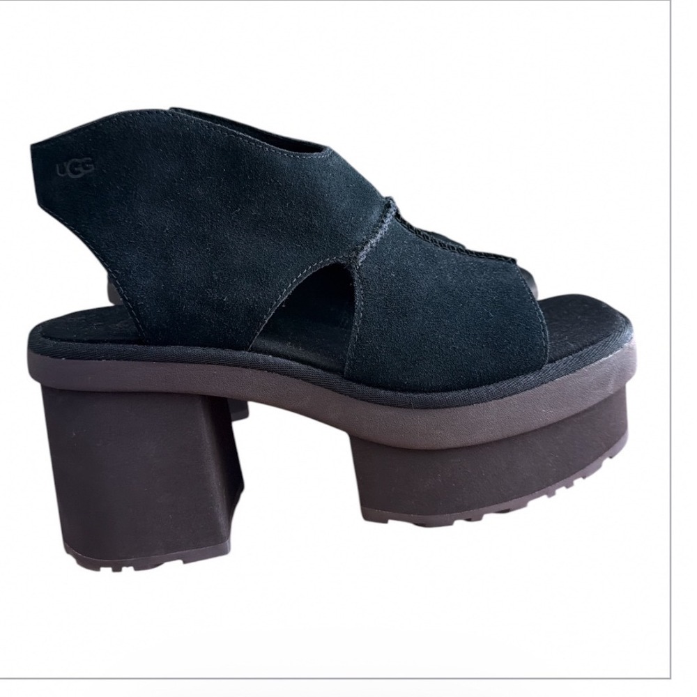 UGG Platform Sandals Womens Black Suede Chunky Block Heel Zip Up Open Toe 10 New - Picture 4 of 11